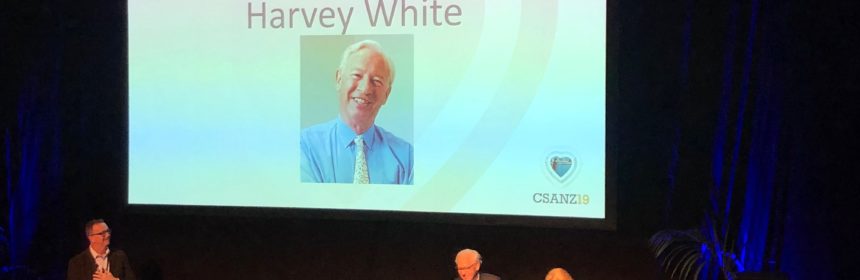 Dr Mayanna Lund awarding Professor Harvey White the New Zealand Cardiac Medal, 13 June 2019